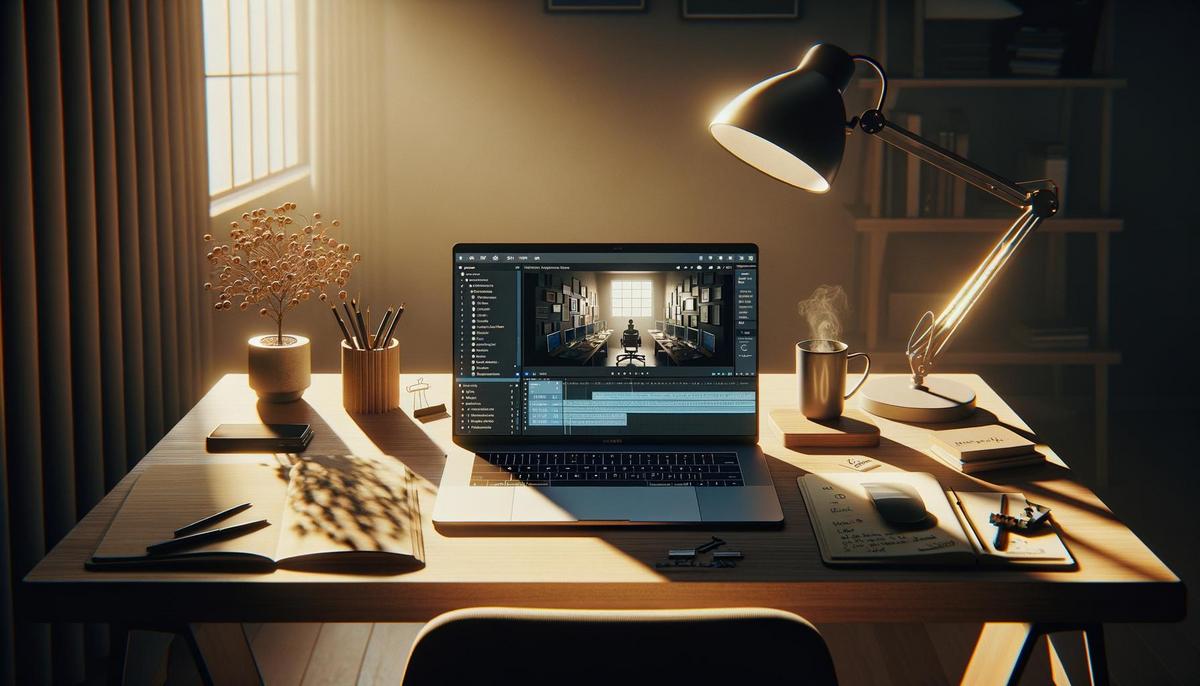 Laptop displaying AI video amidst script software, in a cozy, sunlit home office.