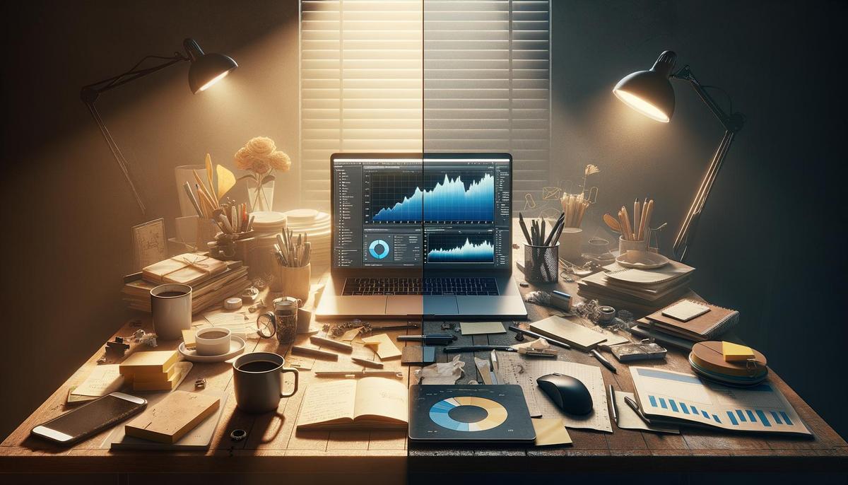 Straight-on shot of a home office desk, half cluttered with blogging tools, half with a clean, graph-displaying screen.