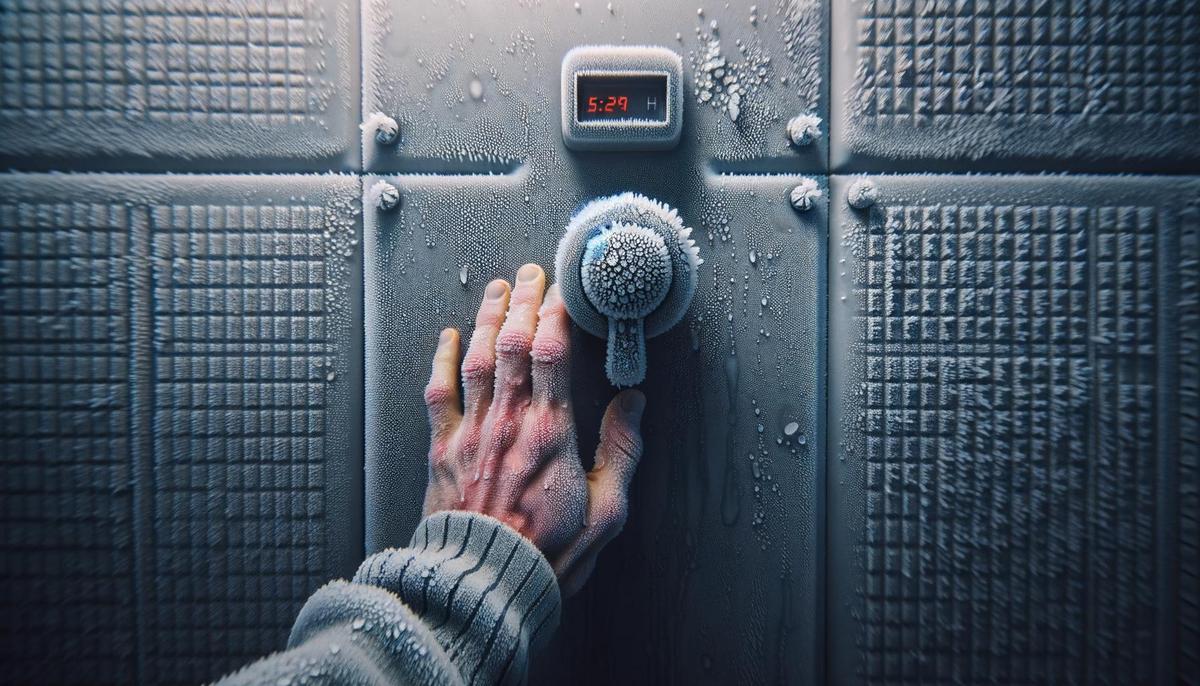 Frosted shower knob with hesitant hand, condensation on tiles, and a chilly, muted color scheme.