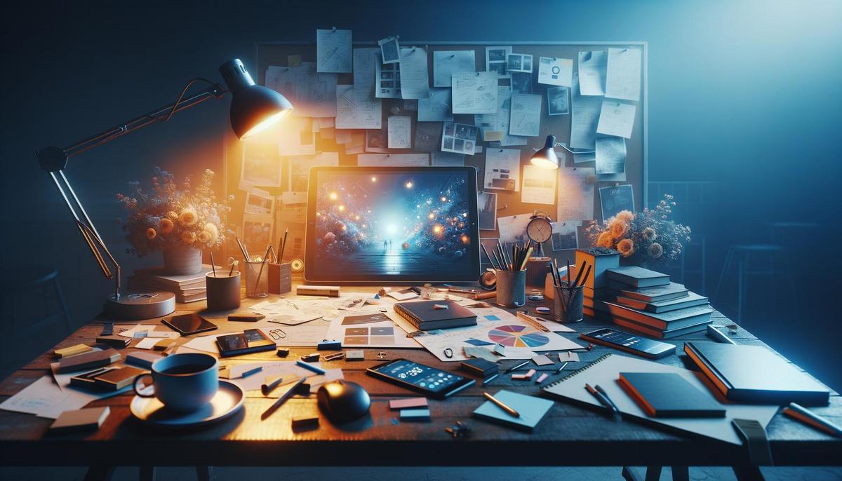 Designer's desk with illuminated storyboard during brand narrative creation, blending traditional and digital tools.