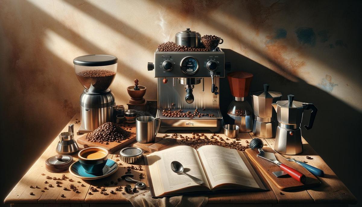 Slightly above-eye-level view of espresso making process with scattered beans and morning light.