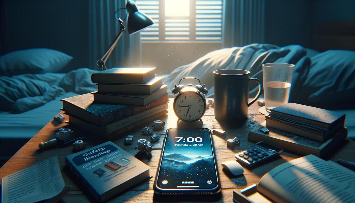 Cluttered bedside table with a glowing smartphone alarm at 7:00 AM, surrounded by sleep aid books.