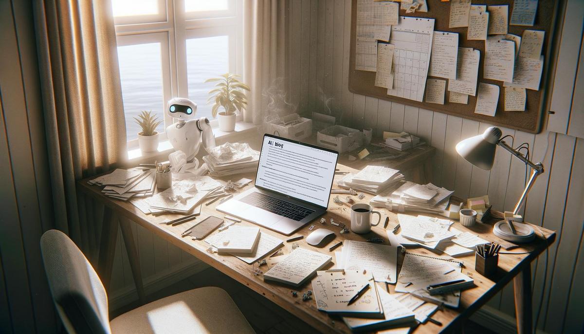 Straight-on view of a home office desk with an open laptop displaying AI-generated content and notes.